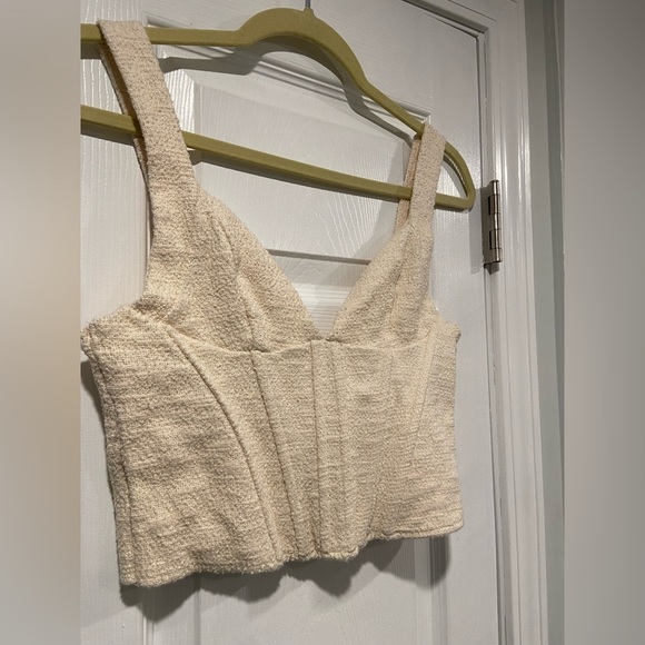 Zara Size M Cream Cotton Boucle Boned Corset Crop Top Stretch Lined Textured - Picture 4 of 9